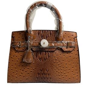 Mellow World Satchel Bag Brown Ostrich Crocodile Embossed Vegan Leather Handbag